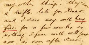 “They came a trifle late for Xmas and I dare say will hang fire for a few weeks as nothing I fear will sell just now so far after Xmas.” Letter from John Payne to Homer Watson, 1893 (HWHG.2022.2.21)