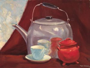 Still Life painting of a kettle and cups by Tom Cayley