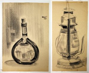 Sketches of a bottle and lantern by Tom Cayley