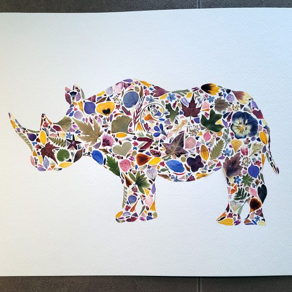 artwork of a rhino made of pressed flowers