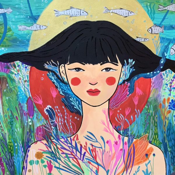 colourful painting of a girl with rosy cheeks and black hair