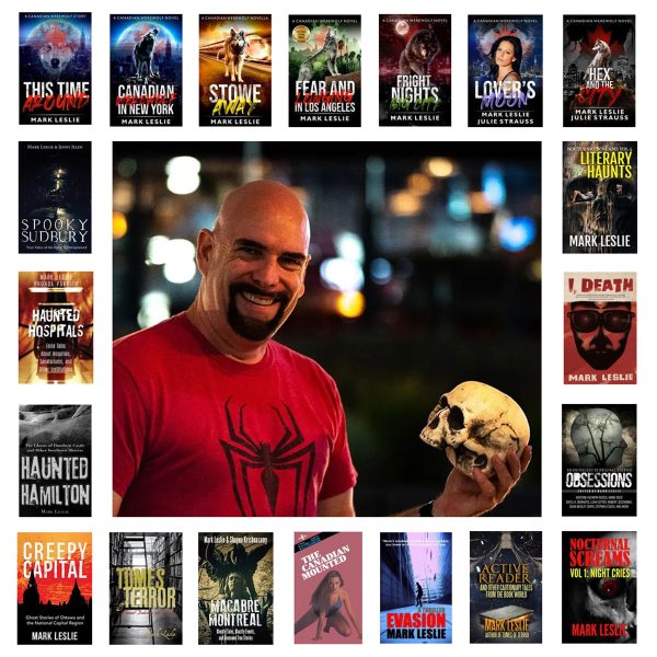 pictures of book covers and Mark Leslie holding a skull